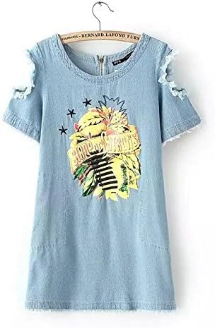 XianShiYa Women's Cute Embroideried Pattern Semi fitted Off Shoulder Denim Dress