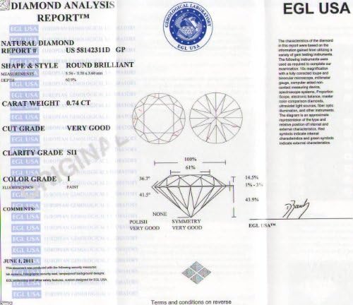 Loose Diamond 0.74 Carat Round I SI1 EGL USA Certified
