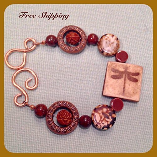 Beaded Bracelet, Amber, Brown Dragonfly, 8 Inch, Natural Gemstone, Agate, Wood, Ceramic and Copper Beads, Earthy Organic Boho Style