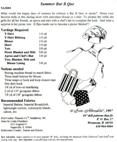 Sew Adorable 18" Girl Doll Clothes Pattern, Summer Bar B Que