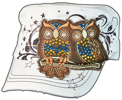 Bling 2 Owls Baseball Cap Adjustable Cotton Hat with Rhinestones White