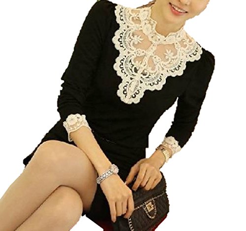 【ノーブランド品】透かし 模様 レース 切り替え カシュクール トップス エレガント スタイル レディース ファッション / ブラック