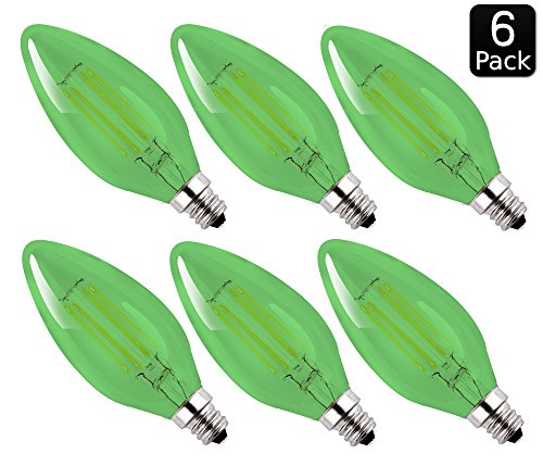 Luxrite LR21262 (6-Pack) Green LED Filament Candelabra Light Bulb, 4-Watt Equivalent to 40w Incandescent, Bright Green Color, 350 Lumens, 15,000 Hr Life, E12 Candelabra Base