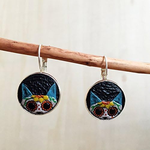 Tooled Leather Day of the Dead Cat Sugar Skull Earrings