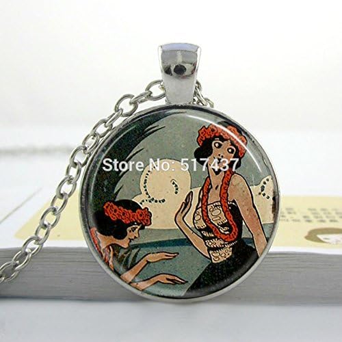 Lawrence Painting Hawaii Necklacehawaii Jewelry Vintage Hula Girls Tropical Island Hawaiian Luau Art Pendantglass Cabochonglass Picture Pendant