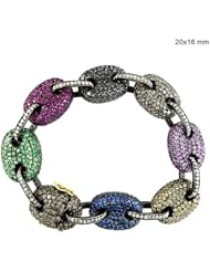Couturechics 14k Gold and 925 Sterling Silver 20.55 Ct Sapphire, Ruby & Tsavorite Natural Diamond Pave Designer Spacer Charm Beads Link Bracelets Handmade Vintage Jewelry Size 7.5 Inches