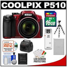 Nikon Coolpix P510 GPS Digital Camera (Red) with 16GB Card + Battery + Case + Flex Tripod + Accessory Kit