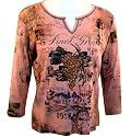 Cactus Fashions "Pinot Gris" 3/4 Sleeve, Rhinestone Studded, V-Neck, 100% Cotton Printed Top - Pink