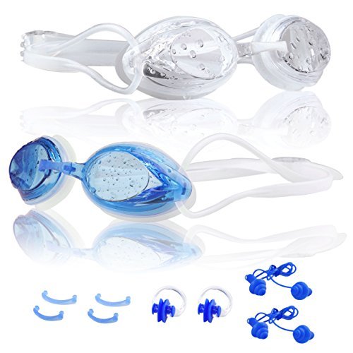 Dimples Excel Clear Swimming Goggles for Everyday Indoor Practice + Nose Clips + Ear Plug ( 2 Pack )