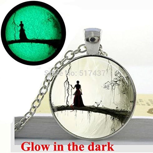 Pretty Lee Glow In The Dark Necklace Spooky Woman Silhouette Enchanted Forest Fantasy Glass Cabochon Necklace Glowing Necklace