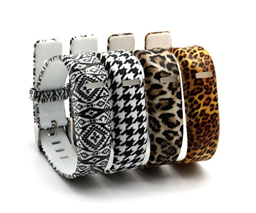 HoneyLife Fitbit Flex Cute Silicone Replacement Wristband Bracelets/ Wireless Activity and Sleep Tracker Accessory Pack with Buckle (Geo Print + Swallow Gird + Gold Leopard + Black Leopard)