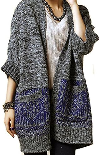 LOCOMO Women Gray Knit Crochet Batwing Baggy Loose Cardigan FFJ022BLU