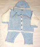 Wholesale Knitted on Hand Knitting Machine Blue and White Two Color Chenille Infant Boys Outfit Cardigan Hat Set Trimmed By Hand Crochet Shop