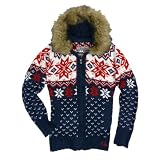 Eight2Nine Damenjacke Norweger Style Strick mit Kapuze und Fellkragen, Women Winterjacke blau, M