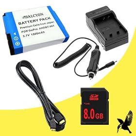 Halcyon 1500 mAH Lithium Ion Replacement Battery + External Rapid Charger + 8GB SDHC Class 10 Memory Card + Mini HDMI Cable for GoPro HD Hero, HD Hero2, HD HERO Naked