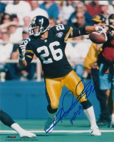 Rod Woodson Autographed/Hand Signed Pittsburgh Steelers 8x10 Photo with HOF 09 Inscription (Pose 3)