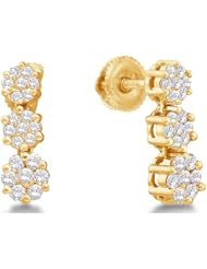 14K White Gold Channel Invisible Set Round Diamond 3 Three Stone Style Shape Flowers Dangle Earrings with Screw Back Closure - (3/4 cttw)