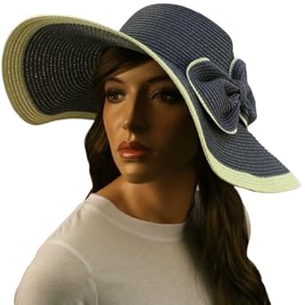 50+ Upf Ribbon Bow Beach Summer Braid Wide Brim Floppy Sun Hat Cap Blue 57cm