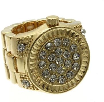 Goldtone Faux Watch-Style Stretch Band Rhinestone Textured Ring (Goldtone)