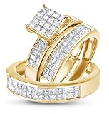 14k Yellow Gold Diamond Mens and Ladies Couple His & Hers Trio 3 Three Ring Bridal Matching Engagement Wedding Ring Band Set Invisible Channel Set Princess Shape Solitaire Style Center Setting with Side Stones Princess Cut Diamond Ring