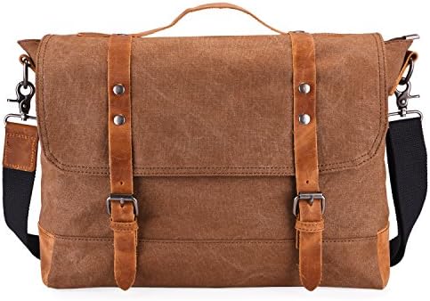 Canvas and Leather Messenger Bag,RUFFRYDER 15inch Genuine Crazy-horse Leather Canvas Cross Body Laptop Briefcase- Fit 14 Inch Laptop,P15S20,Khaki