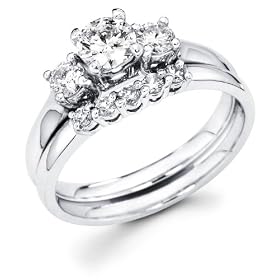 Size - 4 - 14k White Gold Three 3 Stone Round Diamond Engagement Anniversary 2 Ring Set w/ Matching 5 Stone Diamond Wedding Band (3/4 cttw, G-H Color, SI1 Clarity): Jewelry