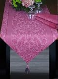 Armani International, Regale Collection, Table Runner (18x90-inch Tasseled) European Jacquard Linen-Cotton, Cranberry Color