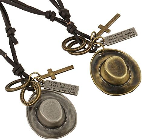 JSea Jewelry 2 pcs Vintage Cross Necklace Cowboy Hat Charms Pendant Leather Chain
