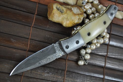 Handmade Damascus Folding Knife - Work of Art On Sale