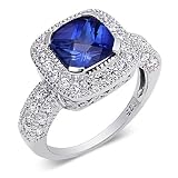 Celebrity Style Cushion Cut Checker Board Created Blue Sapphire & White CZ Size 9 Gemstone Ring in Sterling Silver
