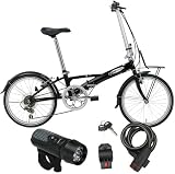 DAHONライセンス yeah(ヤー) 20インチ6段折畳自転車 YR-206 ブラック / LED5連ライト / コイルタイプワイヤー錠 ブラック 3点セット