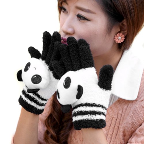 LOCOMO Women Girl Touch Screen Gloves Cute Panda Doll FAF041 Black White