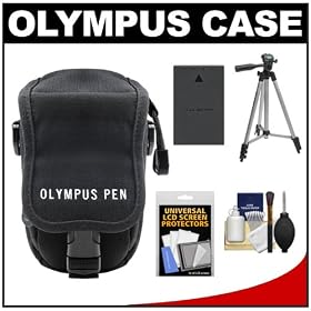 Olympus Casual Style Canvas PEN Digital Camera Case (Black) with Battery + Tripod + Accessory Kit for E-P1, E-PL1, E-P2, E-PL2, E-P3, E-PL3, E-PM1 & 14-42mm Lens