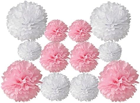 LOOTO 12pcs Mixed 3 Sizes Pink White Tissue Paper Pom Poms/ Tissue Paper Flowers(Pink)