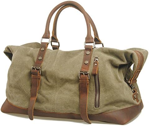 Besbom Large Capacity Canvas Leather Portable Shoulder Messenger Sports Travel Duffel Bags Luggage - Army Green