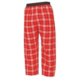Red and White tartan plaid check flannel cotton pants for lounging, sleep, sports. Unisex relaxed fit, available in 5 Adult sizes, exposed elastic waist