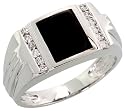 14k White Gold Grooved Square Men's Diamond Ring, w/ Black Onyx Stone & 0.27 Carat Brilliant Cut Diamonds, 7/16" (11mm) wide