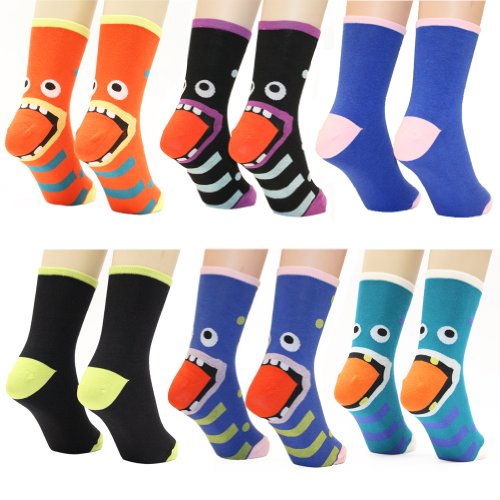 Angelina Monster-Heel Cotton Crew Socks, 6-Pair, Assorted Color Pack.