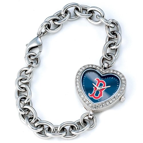 Boston Red Sox -B- MLB Silver Rhinestone Ladies Heart Watch