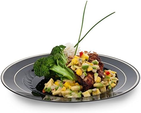 Pack of 12 Plastic China 9" Dinner Plate BLACK with SILVER Bands