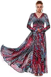 V-neck Long Sleeves Chiffon Floral Print Tropical Print  Dress