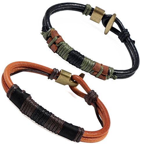 Areke Mens Genuine Leather Bracelets Cool Vintage Male Unisex Wrap Wrist Bracelet Rope Color Black