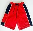 Boys Swim Trunks Elastic Waist and Faux Board Short Style Front. Side Cargo Pocket and Rear Patch Pockets Mesh Lined. Plaid/Skulls in Sizes 4-12 in Red/Navy or Orange/Navy