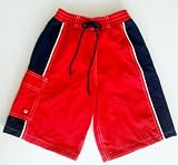 Boys Swim Trunks Elastic Waist and Faux Board Short Style Front. Side Cargo Pocket and Rear Patch Pockets Mesh Lined. Plaid/Skulls in Sizes 4-12 in Red/Navy or Orange/Navy