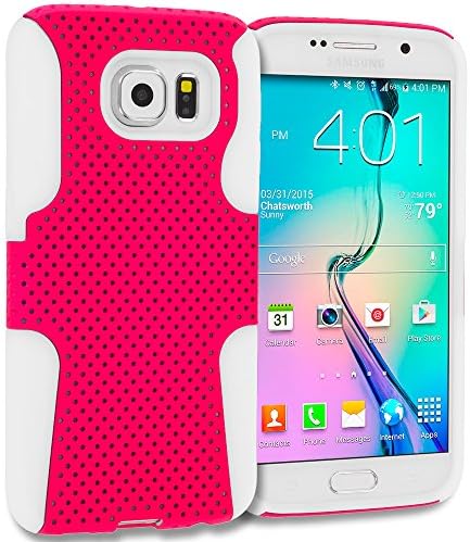 Accessory Planet(TM) White / Hot Pink Hybrid 2-Piece Mesh Rugged Hard Silicone Soft Rubber Case Cover Accessory for Samsung Galaxy S6