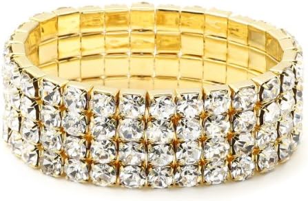 4 Row Gold/Crystal Rhinestone Wedding Bangle Bracelet Stretch Bracelet Tennis for Brides and Bridesmaids Gifts - Prom Jewelry Special Occasion