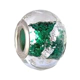 Pandora Style Charm Bead (Z320) - Glass Emerald Green Glitter Core with Silver Stripes (14mm x 10mm) (fits Troll too)