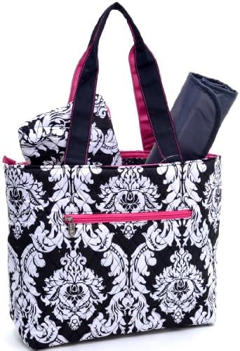Rosen Blue Damask Print Diaper Bag 3-Piece Set (Fuchsia Trim)
