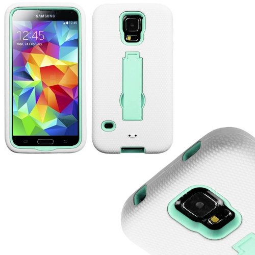 myLife Bright White and Mint - Shock Suit Survivor Series (Built in Kickstand + Easy Grip Silicone) 3 Piece + 2 Layer Case for NEW Galaxy S5 (5g) Smartphone By Samsung (External Flex Silicone Bumper Gel + Internal 2 Piece Rubberized Snap Fitted Armor Protector + Shock Absorbing Material)