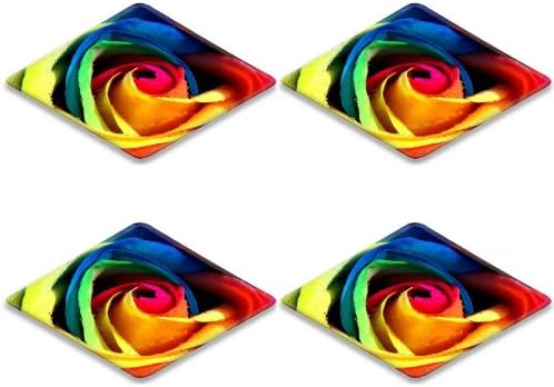 Rose Colorful Rainbow Petals Bud Dew Square Coaster (4 Piece) Set Fabric Rubber 5 Inch Size Liil Coaster Cup Mug Can Water Bottle Drink Coasters Stain Resistance Collector Kit Kitchen Table Top Desk